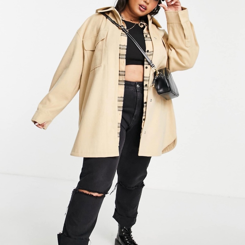 ASOS Design Curve Beige Oversized Hooded Shacket Jacket - Women's Neutral Coat